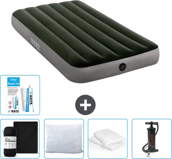 Intex Luchtbed - 1-Persoons - 99 x 191 x 25 cm - Groen - Inclusief Hoeslaken - Kussen - Pomp - Reparatieset en Kussenbeschermer van Intex