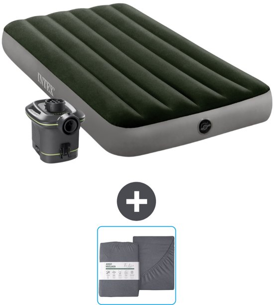 Intex Luchtbed - 1-Persoons - 99 x 191 x 25 cm - Groen - Inclusief pomp en Hoeslaken van Intex