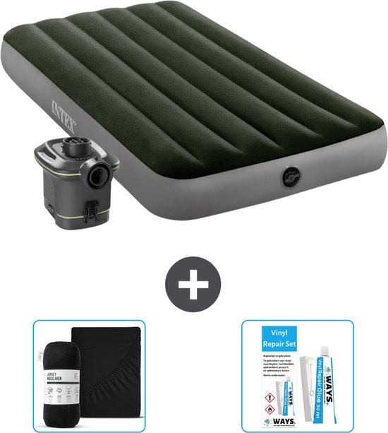 Intex Luchtbed - 1-Persoons - 99 x 191 x 25 cm - Groen - Inclusief pomp - Hoeslaken en Reparatieset van Intex