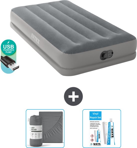 Intex Luchtbed - 1-Persoons - 99 x 191 x 30 cm - Grijs - Inclusief pomp - Hoeslaken en Reparatieset van Intex