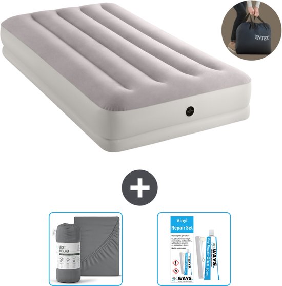 Intex Luchtbed - 1-Persoons - 99 x 191 x 30 cm - Grijs - Inclusief pomp - Hoeslaken en Reparatieset van Merkloos