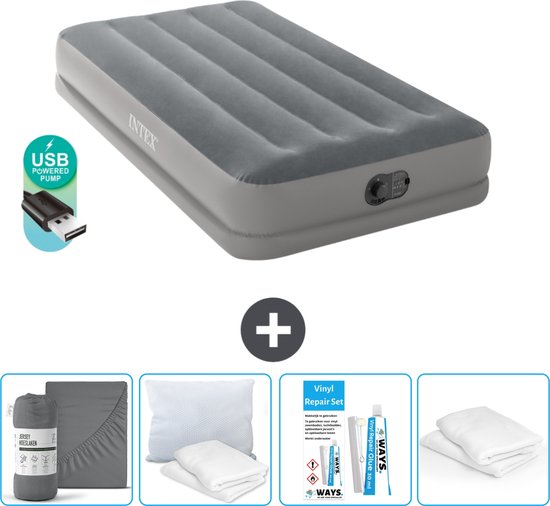 Intex Luchtbed - 1-Persoons - 99 x 191 x 30 cm - Grijs - Inclusief pomp - Hoeslaken - Kussen - Reparatieset en Kussenbeschermer van Intex