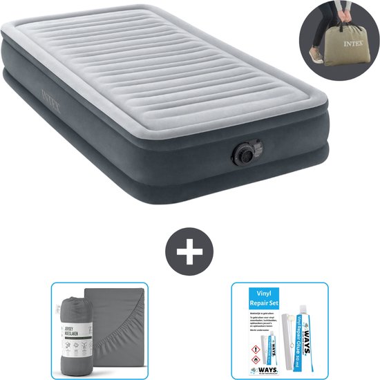 Intex Luchtbed - 1 Persoons - 99 x 191 x 33 cm - Grijs - Inclusief pomp - Hoeslaken en Reparatieset van Intex
