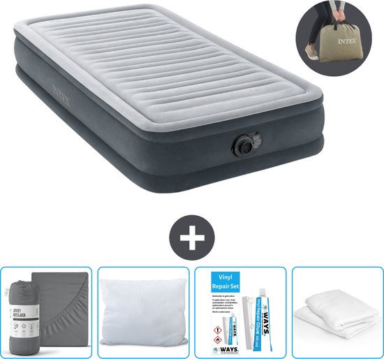 Intex Luchtbed - 1 Persoons - 99 x 191 x 33 cm - Grijs - Inclusief pomp - Hoeslaken - Kussen - Kussenbeschermer en Reparatieset van Intex
