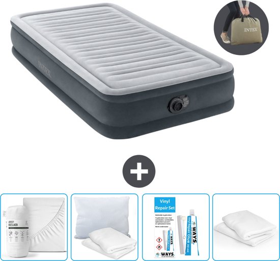 Intex Luchtbed - 1 Persoons - 99 x 191 x 33 cm - Grijs - Inclusief pomp - Hoeslaken - Kussen - Reparatieset en Kussenbeschermer van Intex