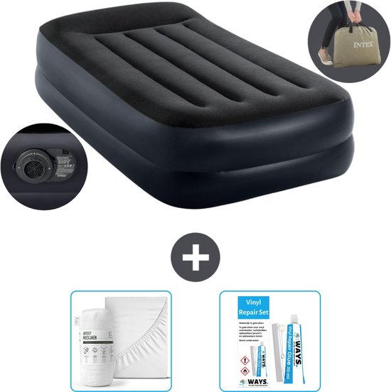 Intex Luchtbed - 1-Persoons - 99 x 191 x 42 cm - Blauw - Inclusief pomp - Hoeslaken en Reparatieset van Intex