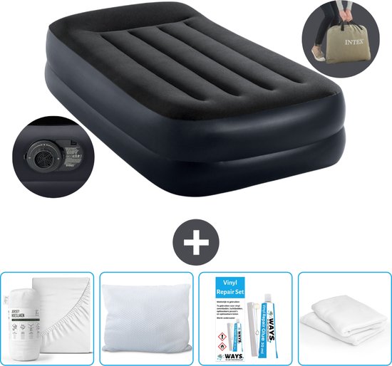 Intex Luchtbed - 1-Persoons - 99 x 191 x 42 cm - Blauw - Inclusief pomp - Hoeslaken - Kussen - Kussenbeschermer en Reparatieset van Intex