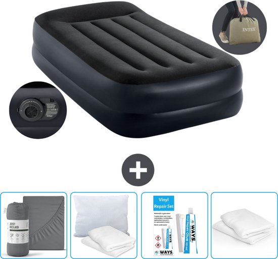 Intex Luchtbed - 1-Persoons - 99 x 191 x 42 cm - Blauw - Inclusief pomp - Hoeslaken - Kussen - Reparatieset en Kussenbeschermer van Intex