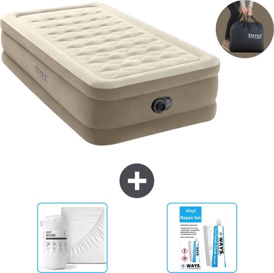 Intex Luchtbed - 1-Persoons - 99 x 191 x 46 cm - Beige - Inclusief pomp - Hoeslaken en Reparatieset van Intex