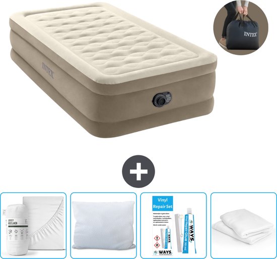 Intex Luchtbed - 1-Persoons - 99 x 191 x 46 cm - Beige - Inclusief pomp - Hoeslaken - Kussen - Kussenbeschermer en Reparatieset van Intex
