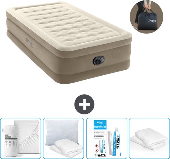 Intex Luchtbed - 1-Persoons - 99 x 191 x 46 cm - Beige - Inclusief pomp - Hoeslaken - Kussen - Reparatieset en Kussenbeschermer van Intex