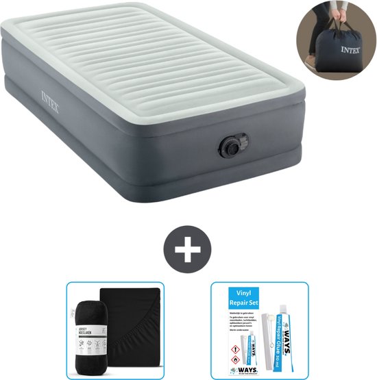 Intex Luchtbed - 1-Persoons - 99 x 191 x 46 cm - Grijs - Inclusief pomp - Hoeslaken en Reparatieset van Intex
