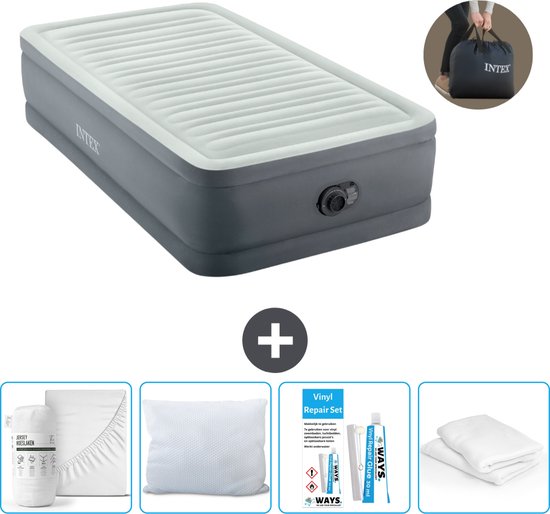 Intex Luchtbed - 1-Persoons - 99 x 191 x 46 cm - Grijs - Inclusief pomp - Hoeslaken - Kussen - Kussenbeschermer en Reparatieset van Intex