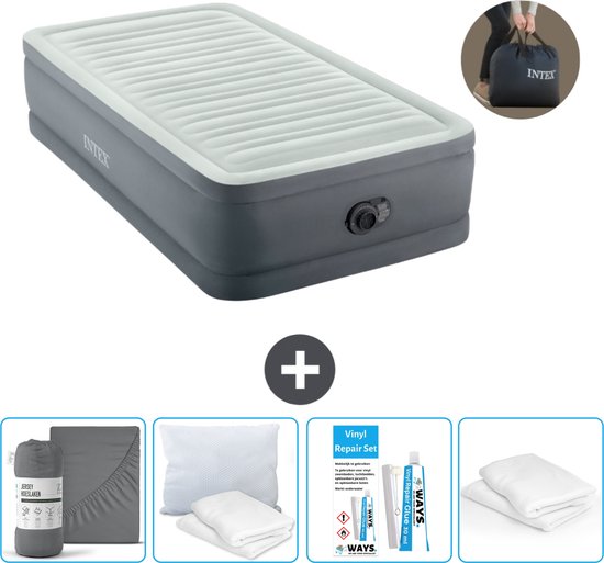 Intex Luchtbed - 1-Persoons - 99 x 191 x 46 cm - Grijs - Inclusief pomp - Hoeslaken - Kussen - Reparatieset en Kussenbeschermer van Intex