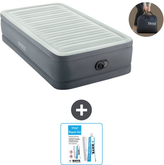 Intex Luchtbed - 1-Persoons - 99 x 191 x 46 cm - Grijs - Inclusief pomp - Reparatieset van Intex