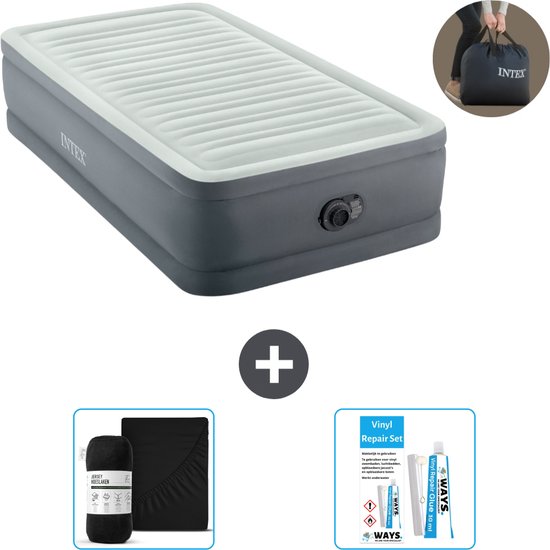 Intex Luchtbed - 1-Persoons - 99 x 191 x 46 cm - Grijs - Met electrische pomp, Hoeslaken Zwart en Reparatieset van Intex