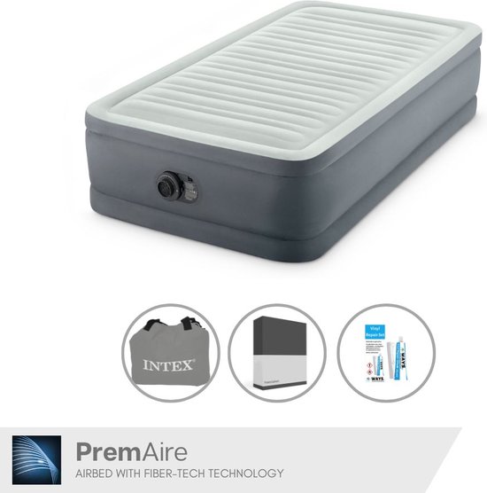 Intex Luchtbed - 1-Persoons - 99 x 191 x 46 cm - Grijs - Met electrische pomp, Hoeslaken Zwart en Reparatieset van Intex