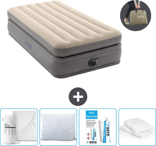 Intex Luchtbed - 1-Persoons - 99 x 191 x 51 cm - Grijs - Inclusief pomp - Hoeslaken - Kussen - Kussenbeschermer en Reparatieset van Intex