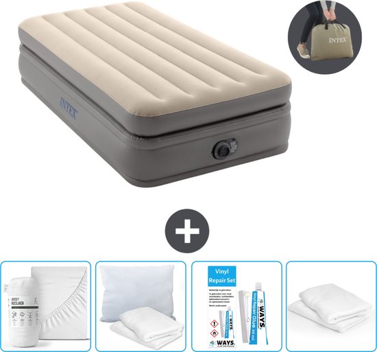 Intex Luchtbed - 1-Persoons - 99 x 191 x 51 cm - Grijs - Inclusief pomp - Hoeslaken - Kussen - Reparatieset en Kussenbeschermer van Intex