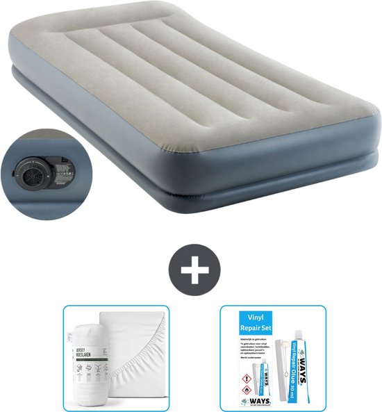 Intex Luchtbed - 1-Persoons - 99 x 191x 30 cm - Grijs - Inclusief pomp - Hoeslaken en Reparatieset van Intex