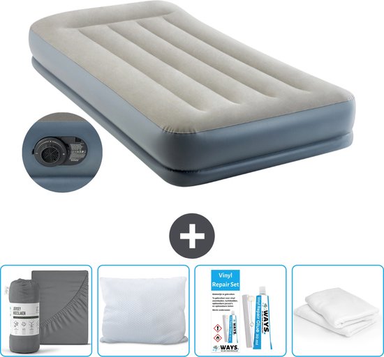 Intex Luchtbed - 1-Persoons - 99 x 191x 30 cm - Grijs - Inclusief pomp - Hoeslaken - Kussen - Kussenbeschermer en Reparatieset van Intex