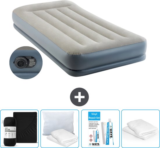Intex Luchtbed - 1-Persoons - 99 x 191x 30 cm - Grijs - Inclusief pomp - Hoeslaken - Kussen - Reparatieset en Kussenbeschermer van Intex