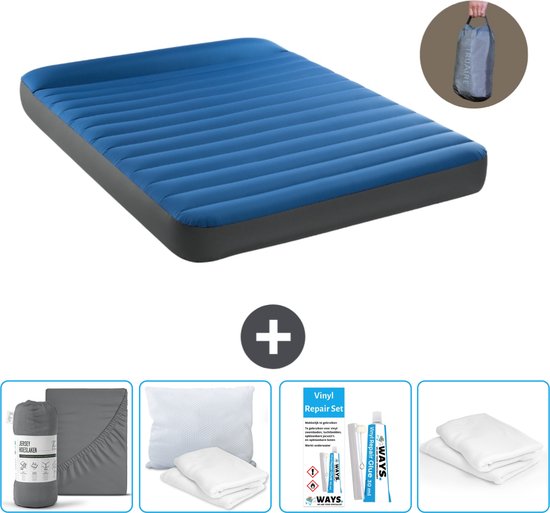 Intex Luchtbed - 2-Persoons - 152 x 203 x 22 cm - Blauw - Inclusief pomp - Hoeslaken - Kussen - Reparatieset en Kussenbeschermer van Intex