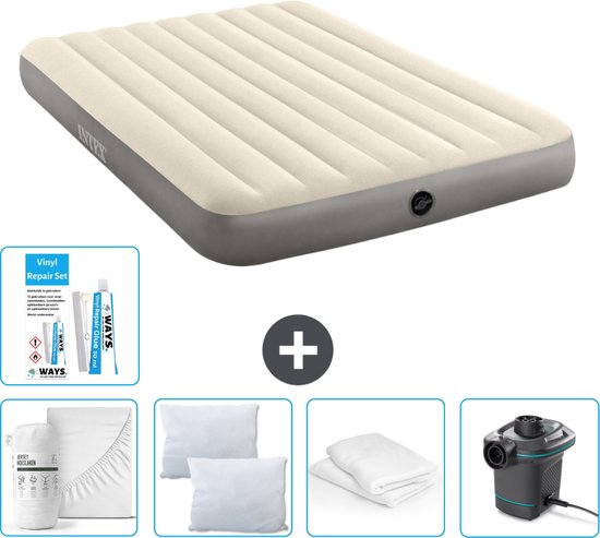 Intex Luchtbed - 2-Persoons - 152 x 203 x 25 cm - Beige - Inclusief Hoeslaken - Kussen - Pomp - Reparatieset en Kussenbeschermer van Intex