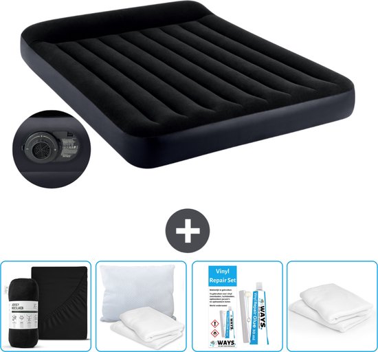 Intex Luchtbed - 2-Persoons - 152 x 203 x 25 cm - Blauw - Inclusief pomp - Hoeslaken - Kussen - Reparatieset en Kussenbeschermer van Intex