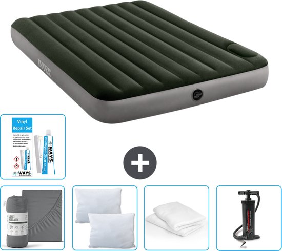 Intex Luchtbed - 2-Persoons - 152 x 203 x 25 cm - Groen - Hoeslaken - Kussen - Pomp - Reparatieset en Kussenbeschermer van Intex