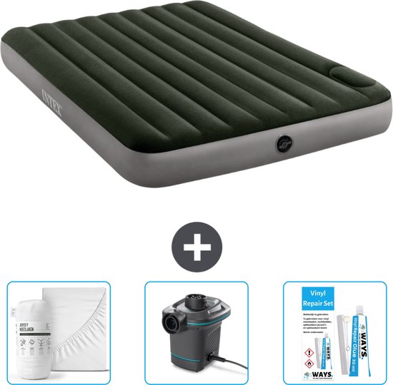 Intex Luchtbed - 2-Persoons - 152 x 203 x 25 cm - Groen - Hoeslaken - Pomp en Reparatieset van Intex