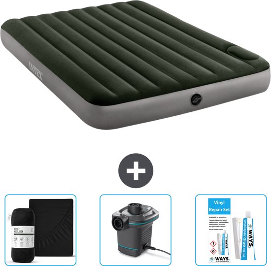 Intex Luchtbed - 2-Persoons - 152 x 203 x 25 cm - Groen - Hoeslaken - Pomp en Reparatieset van Intex