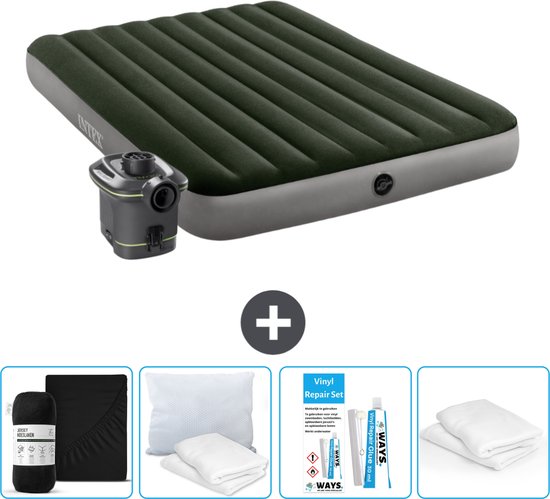 Intex Luchtbed - 2-Persoons - 152 x 203 x 25 cm - Groen - Inclusief pomp - Hoeslaken - Kussen - Reparatieset en Kussenbeschermer van Intex