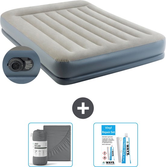 Intex Luchtbed - 2-Persoons - 152 x 203 x 30 cm - Grijs - Inclusief pomp - Hoeslaken en Reparatieset van Intex