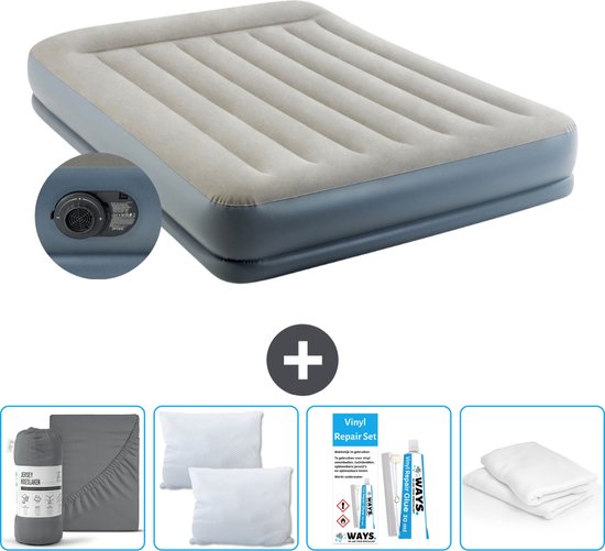 Intex Luchtbed - 2-Persoons - 152 x 203 x 30 cm - Grijs - Inclusief pomp - Hoeslaken - Kussen - Kussenbeschermer en Reparatieset van Intex