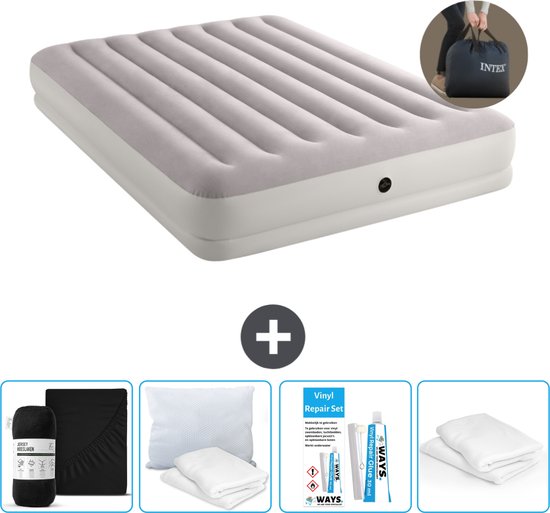 Intex Luchtbed - 2-Persoons - 152 x 203 x 30 cm - Grijs - Inclusief pomp - Hoeslaken - Kussen - Reparatieset en Kussenbeschermer van Intex