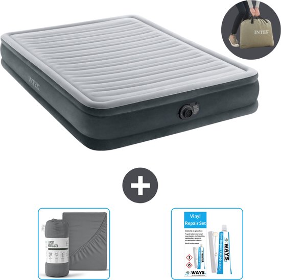 Intex Luchtbed - 2-Persoons - 152 x 203 x 33 cm - Grijs - Inclusief pomp - Hoeslaken en Reparatieset van Intex