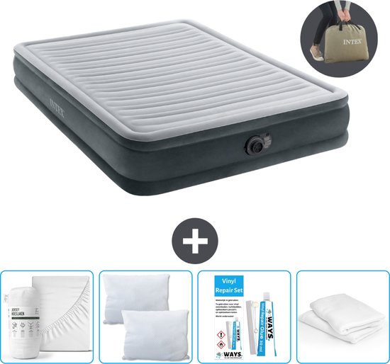 Intex Luchtbed - 2-Persoons - 152 x 203 x 33 cm - Grijs - Inclusief pomp - Hoeslaken - Kussen - Kussenbeschermer en Reparatieset van Intex
