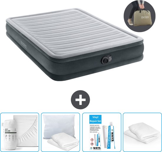 Intex Luchtbed - 2-Persoons - 152 x 203 x 33 cm - Grijs - Inclusief pomp - Hoeslaken - Kussen - Reparatieset en Kussenbeschermer van Intex
