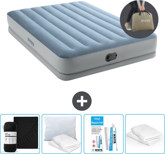 Intex Luchtbed - 2-Persoons - 152 x 203 x 36 cm - Blauw/Grijs - Inclusief pomp - Hoeslaken - Kussen - Reparatieset en Kussenbeschermer van Intex