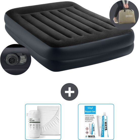 Intex Luchtbed - 2-Persoons - 152 x 203 x 42 cm - Blauw - Inclusief pomp - Hoeslaken en Reparatieset van Intex