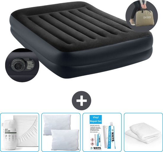 Intex Luchtbed - 2-Persoons - 152 x 203 x 42 cm - Blauw - Inclusief pomp - Hoeslaken - Kussen - Kussenbeschermer en Reparatieset van Intex