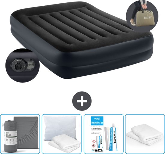 Intex Luchtbed - 2-Persoons - 152 x 203 x 42 cm - Blauw - Inclusief pomp - Hoeslaken - Kussen - Reparatieset en Kussenbeschermer van Intex