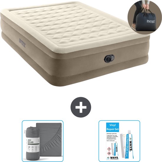 Intex Luchtbed - 2-Persoons - 152 x 203 x 46 cm - Beige - Inclusief pomp - Hoeslaken en Reparatieset van Intex