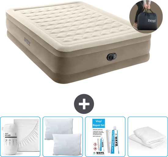 Intex Luchtbed - 2-Persoons - 152 x 203 x 46 cm - Beige - Inclusief pomp - Hoeslaken - Kussen - Kussenbeschermer en Reparatieset van Intex