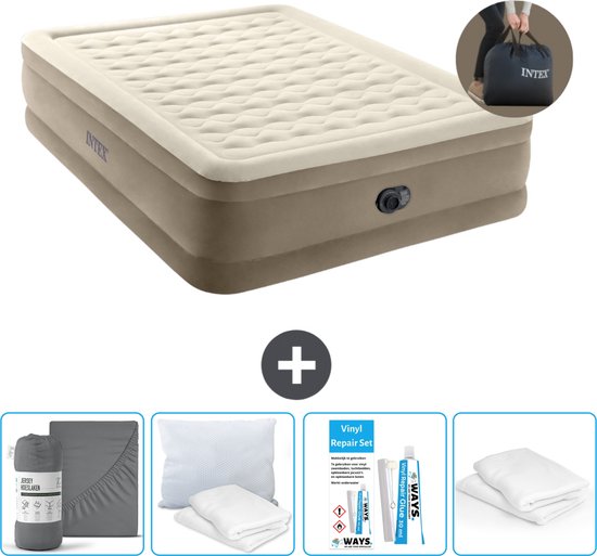 Intex Luchtbed - 2-Persoons - 152 x 203 x 46 cm - Beige - Inclusief pomp - Hoeslaken - Kussen - Reparatieset en Kussenbeschermer van Intex