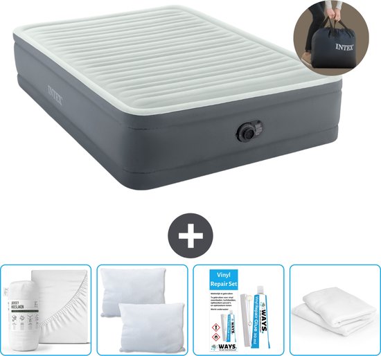 Intex Luchtbed - 2-Persoons - 152 x 203 x 46 cm - Grijs - Inclusief pomp - Hoeslaken - Kussen - Kussenbeschermer en Reparatieset van Intex