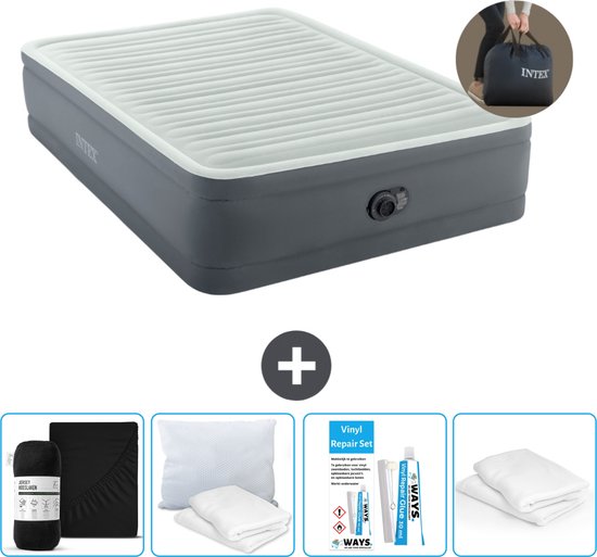 Intex Luchtbed - 2-Persoons - 152 x 203 x 46 cm - Grijs - Inclusief pomp - Hoeslaken - Kussen - Reparatieset en Kussenbeschermer van Intex