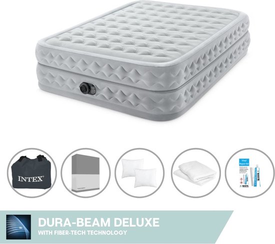 Intex Luchtbed - 2-Persoons - 152 x 203 x 51 cm - Grijs - Inclusief pomp - Hoeslaken - Kussen - Kussenbeschermer en Reparatieset van Merkloos