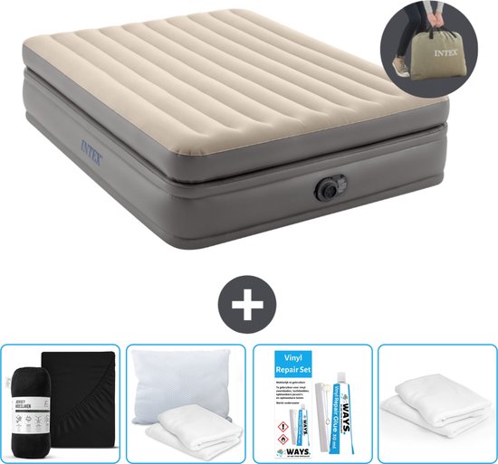 Intex Luchtbed - 2-Persoons - 152 x 203 x 51 cm - Grijs - Inclusief pomp - Hoeslaken - Kussen - Reparatieset en Kussenbeschermer van Intex